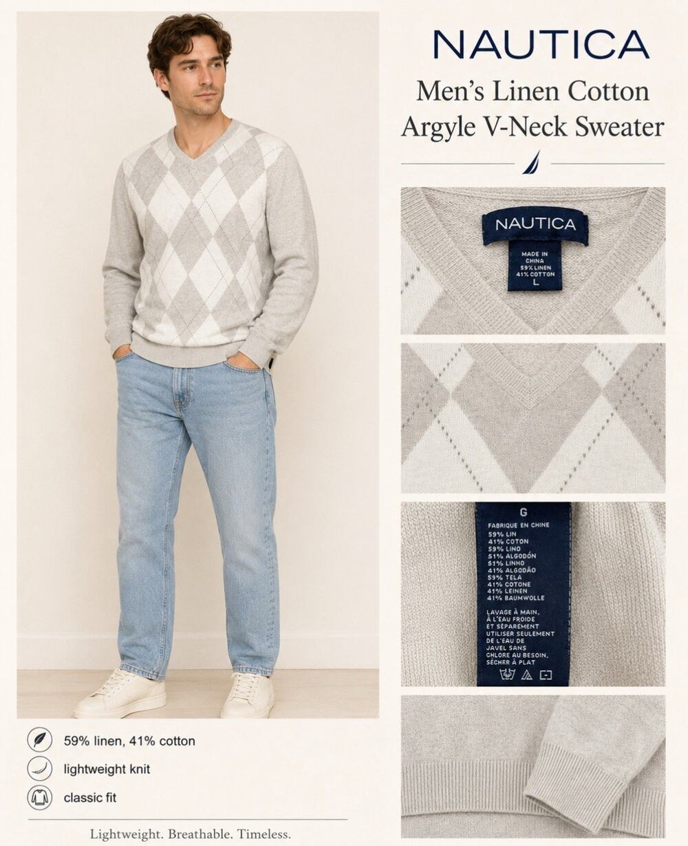 Preppy Old Money Nautica Men's Linen Cotton Argyle V-Neck Sweater Size L Beige
